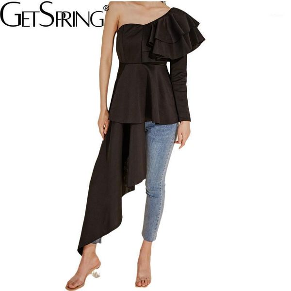

women's blouses & shirts getspring women blouse shirt asymmetry ruffles off shoulder summer long sleeve irregular black female 2021, White