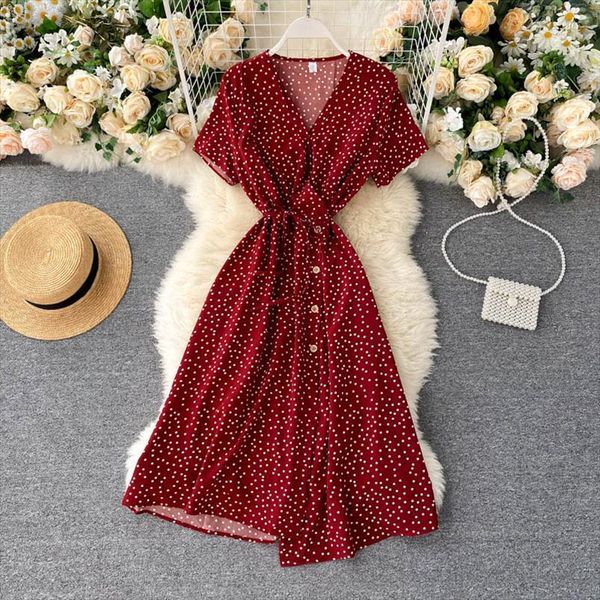 

korean red elegant women dress summer beach v neck polka dot midi waist split vestidos de fiesta clothes, Black;gray