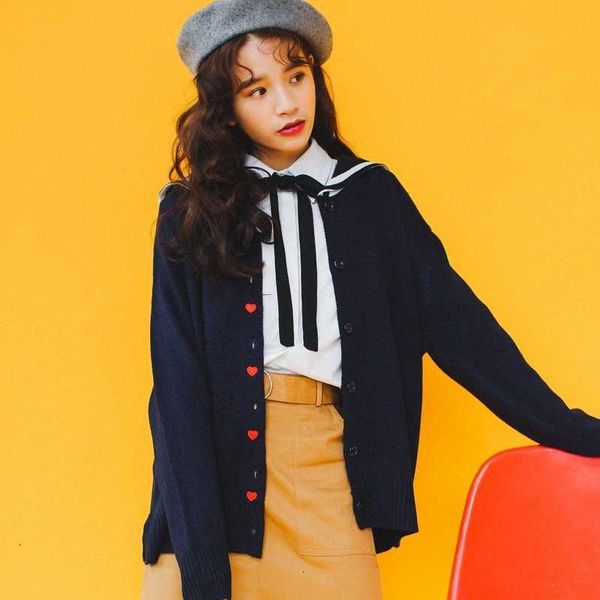

wholesale womens harajuku spring girls thin love embroidery navy collar jacket female cute japanese kawaii bomber coat for women 1p5d#, Black;brown