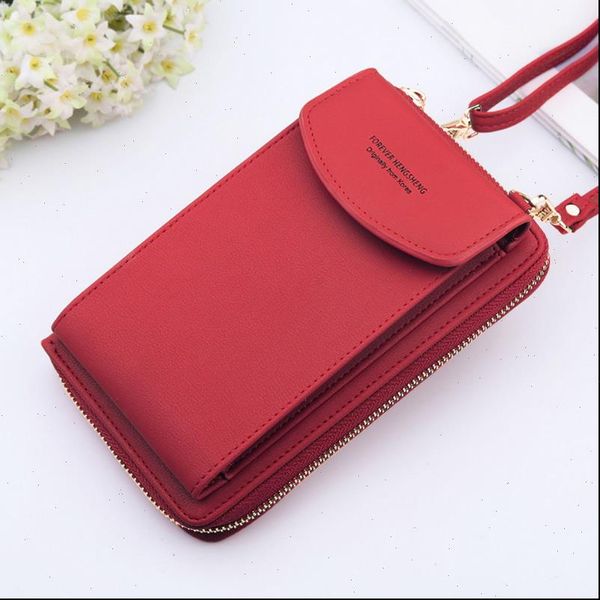 

women wallet solid color leather shoulder straps bag mobile phone big card holders handbag pockets girls, Red;black