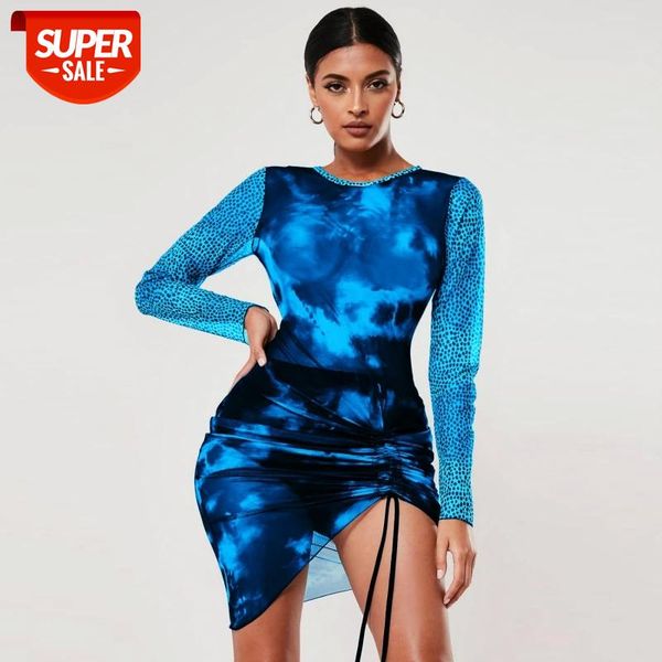 

hirigin see through mesh club dress women irregular ruched leopard long sleeve tie dye print mini bodycon dress 2021 #0z3o, Black;gray