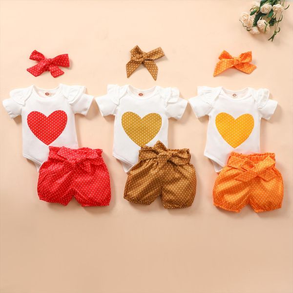 

girls heart printed 3pcs romper set, short sleeve triangle crotch with wave point shorts and bow headband, White