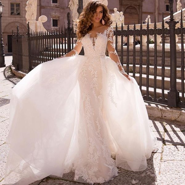 

lace 2021 mermaid wedding es new sheer mesh long sleeves applique bridal gowns with detachable skirt vestidos mariee bd1q, White