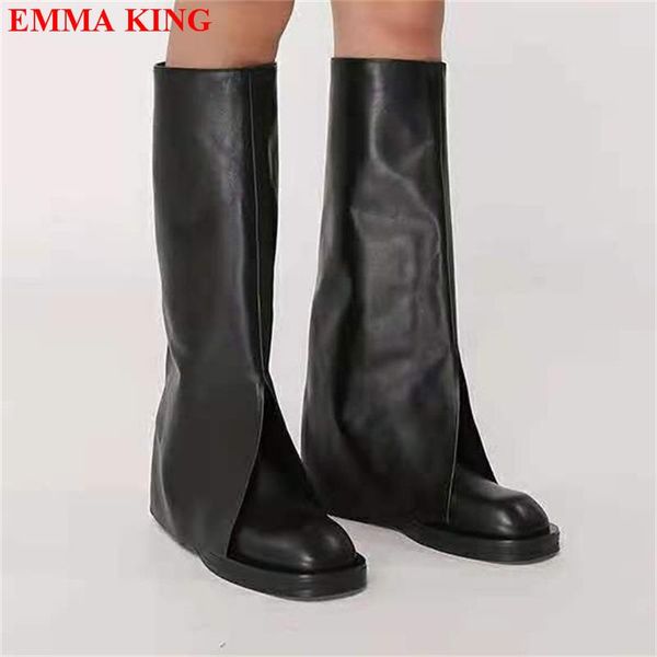 

boots fashion designer knight round toe chunky heels knee high long motorcycle ladies party shoes woman 2021, Black