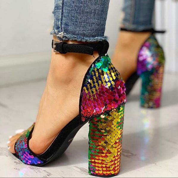 

dress shoes chunky high heel woman sandals rainbow colorful sequins buckle women's sandal bling color, Black
