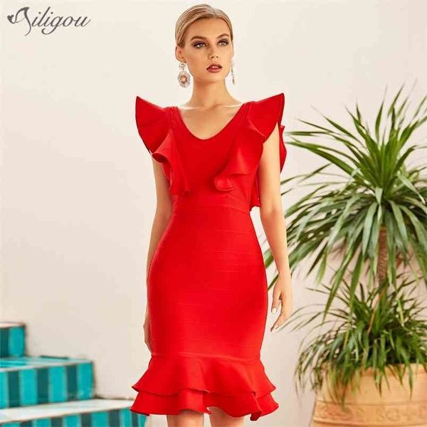 Summer Women Red Ruffles Bodycon Bandage Dress Sexy Mermaid Club Celebrity Runway Party senza maniche 210525