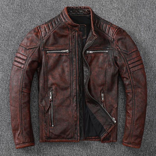 

men's leather & faux yr.2021 brand genuine jacket.vintage style cool brown biker cowhide coat.quality clothes., Black