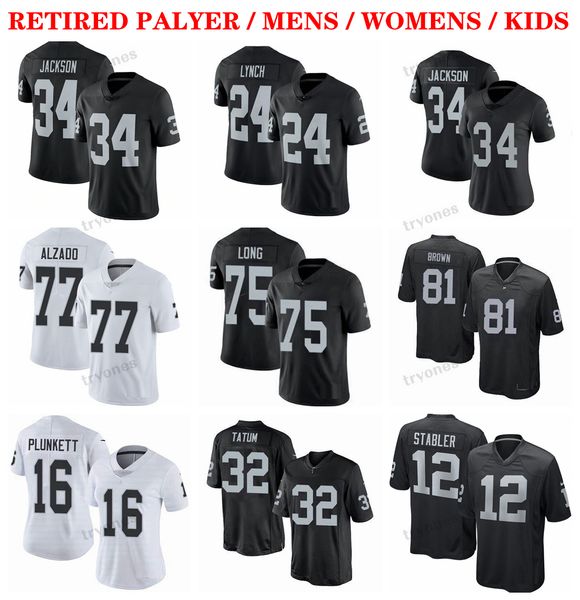 Mens 34 Bo Jackson 12 Stabler 75 Howie Long 77 Alzado Football Maglie 81 Tim Brown 24 Woodson 32 Jack Tatum Marcus Allen 16 Plunkett 22 Haynes Blanda 8 Ray Guy Jersey