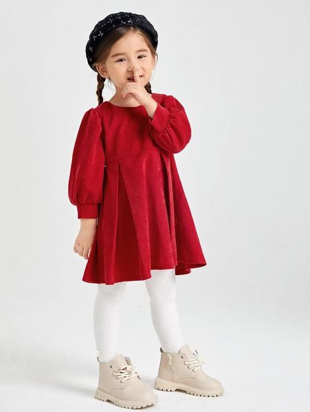 

toddler girls solid pleated corduroy dress she, Red;yellow
