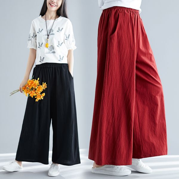 

retro-elastic literary woman waist cotton wide leg summer big size in straight line linen drapeja long pants iv64, Black;white