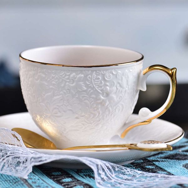 

ceramic coffee cup and saucer set luxury flower tea cup with gold embossed light luxury exquisite afternoon tea cup with spoon