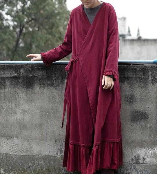 

women's trench coats women bandage long maxi vintage cotton linen 2021 spring patchwork loose solid color chinese style, Tan;black