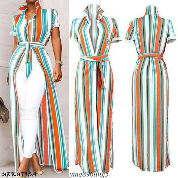 

women's blouses & shirts summer casual womens beachwear short sleeve turndown collar asymmetrical striped shirt long blouse street sty, White