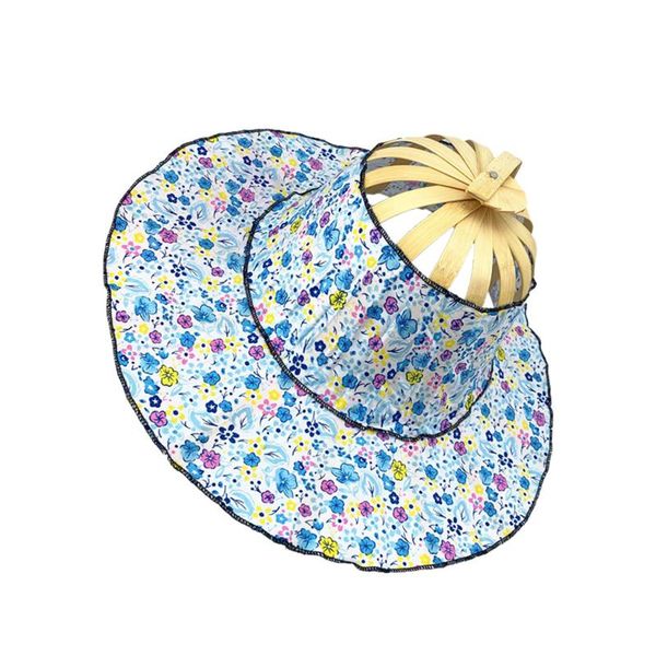 

wide brim hats foldable hand fan sun 2 in 1 portable floral printed bamboo hat summer fashion for women travel beach supplies #p, Blue;gray
