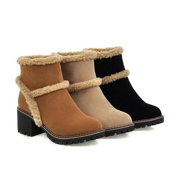 

boots womens winter comfort warm ankle fur trim block heels shoes trendy, Black