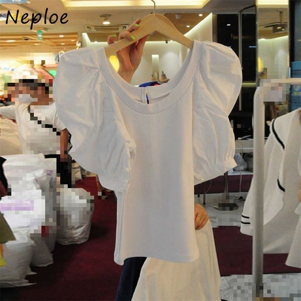 

neploe o neck puff sleeve t shirts women solid color slim tshirts korean casual fashion white female summer new 1e619 210315