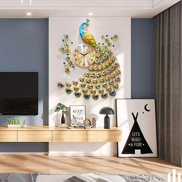 

large peacock wall clock 65x75cm modern design home decor living room mute metal digital wall clocks crafts ornaments gifts