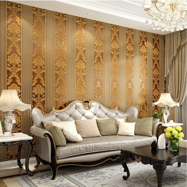 Papéis de parede Luxo clássico clássico 3D Damask papel de parede quarto da sala de estar de parede decoração de parede de papel rolante em relevo marrom preto prateado preto