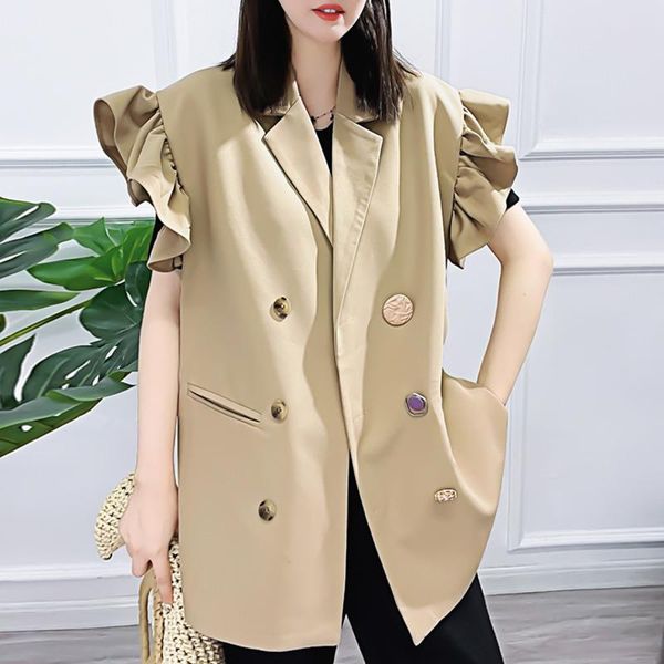 

women's suits & blazers [ewq] korea chic casual trend women lapel double-breasted ruffled loose fashion khaki sleeveless blazer summer, White;black
