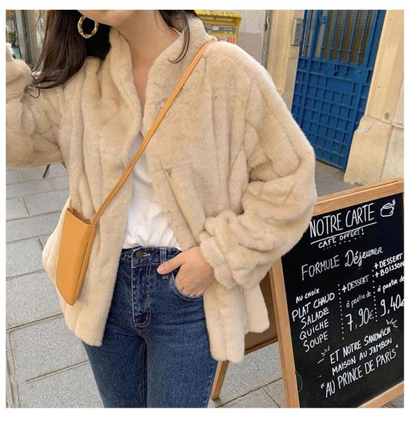 

women's fur & faux herstory winter mink coat chic mint green thick soft overcoat casaco de pelo sintetico luxe femme feminino, Black