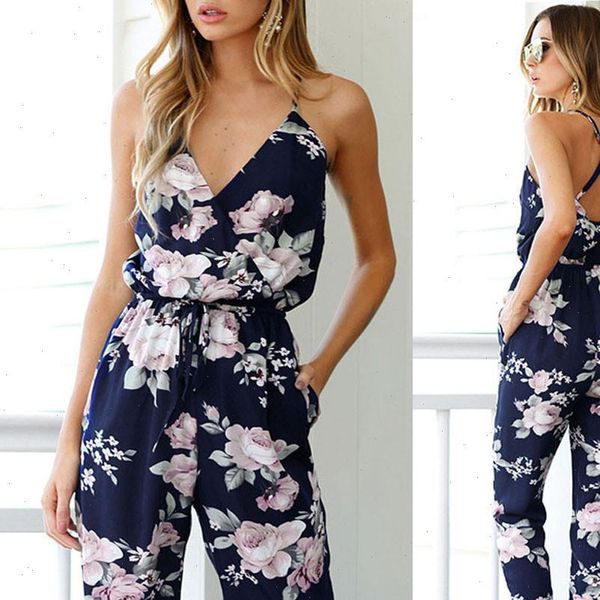 

jumpsuit summer beach women jumpsuit sleeveless v neck floral printed playsuit trousers bodysuit combi pantalon femme, Black;white