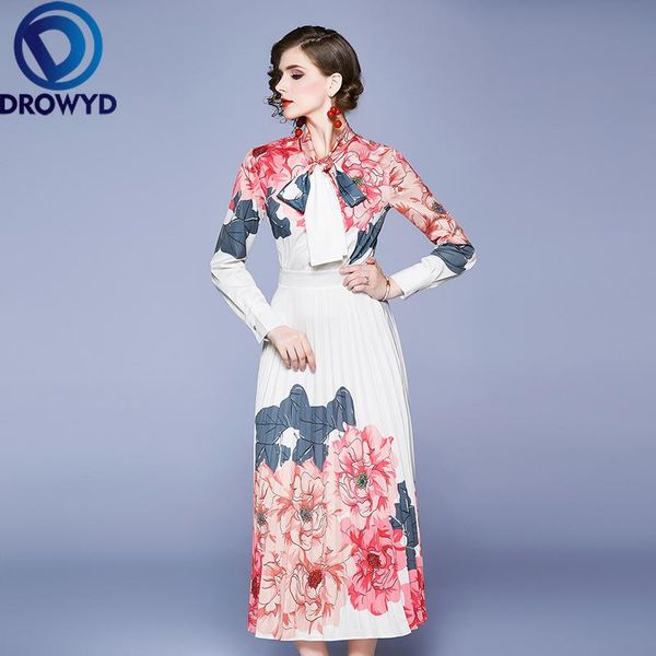 

casual dresses drowyd queen vintage pleated midi dress for women fashion girl boho long sleeve floral elegant club party vestidos, Black;gray