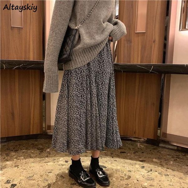 

skirts women casual elegant loose trendy high waist floral a-line soft all-match temperament korean style chic autumn retro, Black