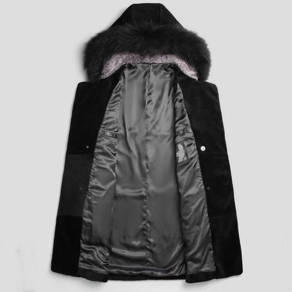 

men's leather & faux double winter breasted sheep shearing coats men patchwork natural wool cashmere long jacket luxury real fur hooded, Black