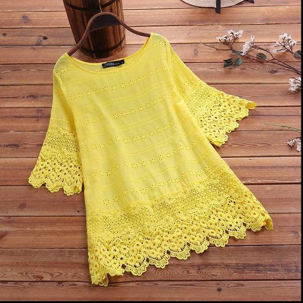 

elegant lace womens embroidery blouse 2021 zanzea summer hollow blusas female long sleeve shirts plus size solid tunic, White