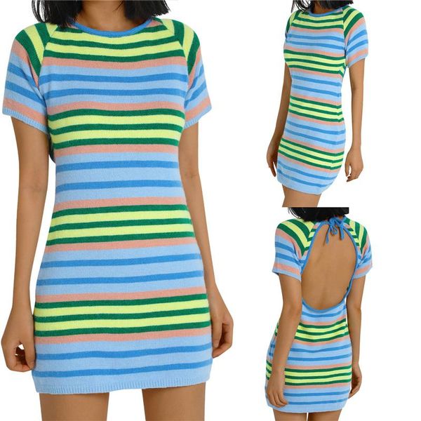 

casual dresses women summer dress stripes round-neck short sleeves form-fitting knitted for girls blue green, Black;gray