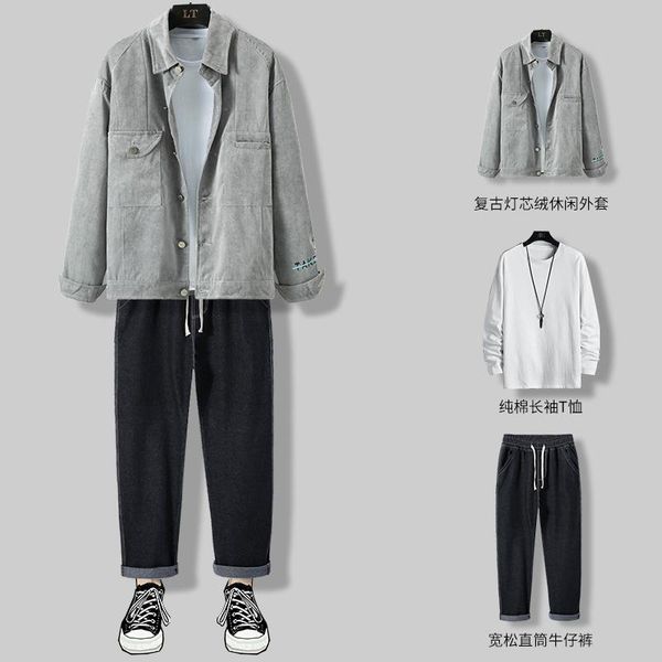 

korean style men sets casual loose cardigan long sleeve plus size fashion winter men sets ropa hombre men's clothing db60tz, Gray