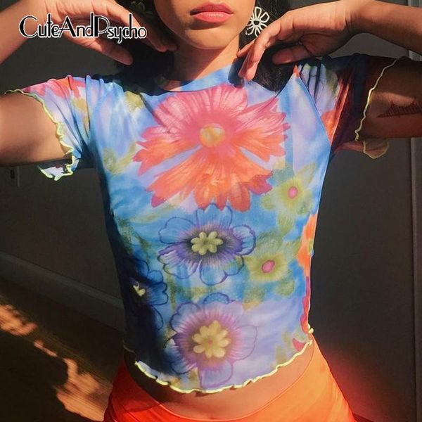 

women's t-shirt transparent y2k mesh cropped tshirts women floral print cute aesthetic 90s tee harajuju retro casual shirts cuteandpsy, White