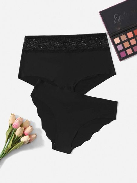 

2pack no show scallop trim panty 84wq#, Black;white