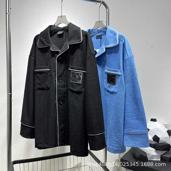 

we autumn winter lapel pajamas wind pocket embroidered shirt white line cardigan men's women's medium and long outerwear jacket, Black;brown