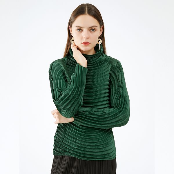 

2021 new pleated blouse designer aesthetic clothes plus size women spring autumn long sleeve t-shirt texture turtleneck lesy, White