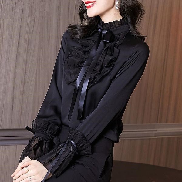 

women's blouses & shirts women 2021 early spring fashion retro ruffled long sleeve female solid color bow ladies slim pullover q297, White