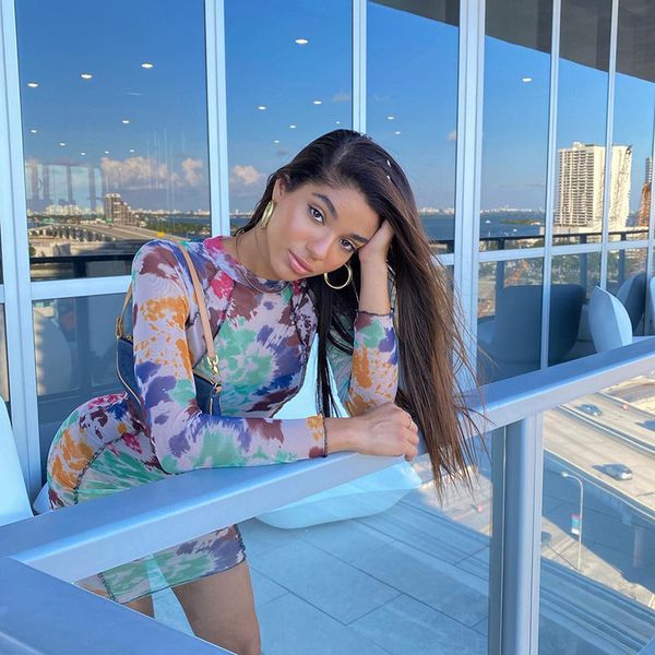 

tie dye print long sleeve colorful mini dress autumn winter mesh see through bodycon party streetwear outfits dress, Black;gray