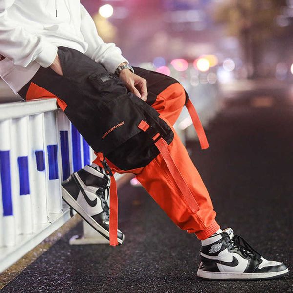 

patchwork casual cargo pants sweatpants trousers men work long sweat male loose pockets blue pants fashion hip hop parkour pants v191109, Black