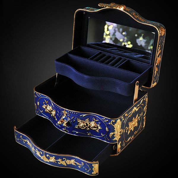 

retro royal 3 layers pricess jewelry box with lock inner mirror large space selling ring comestic storage box