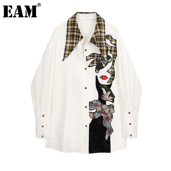 

women's blouses & shirts [eam] women beige patter printed big size blouse lapel long sleeve loose fit shirt fashion tide spring autumn, White