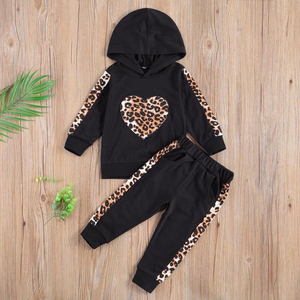

2pcs infant leopard print outfits baby heart long sleeve hoodie + trousers with pockets children kids girls boys tracksuits set, White