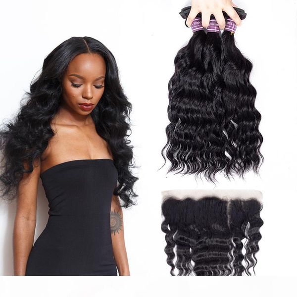 

brazilian virgin human hair weaves bundles unprocessed peruvian indian water wave bundles with lace frontal ear to ear remy hair extensions, Black;brown