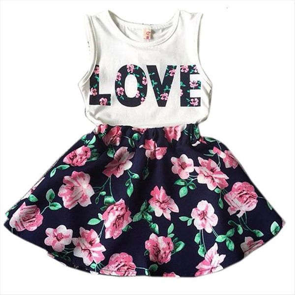 

flower girls clothes casual summer toddler children clothing set love letter vests skirst kids suits for 2 3 4 5, White