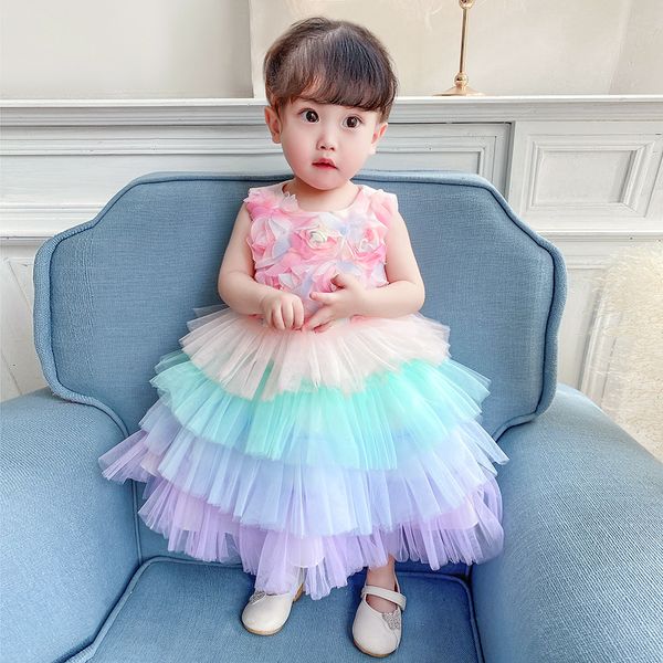 

baby girls dress flower kids clothing mesh princess dress sleeveless newborn baby clothes birthday 1 year girl party tutu dress, Red;yellow