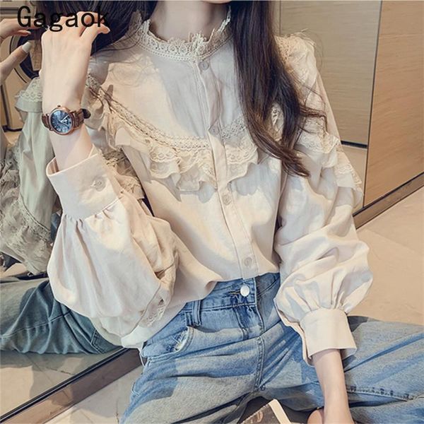 

women's blouses & shirts gagaok blouse women 2021 spring autumn blusas largas sweet solid stand lantern sleeve loose casual fashion, White