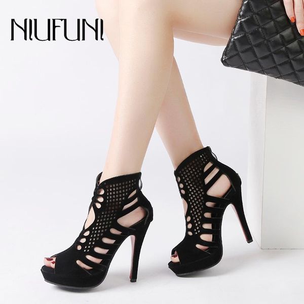 

sandals summer ultra-fine high-heeled roman women's hollow fish mouth suede high-quality shoes back zipper side, Black