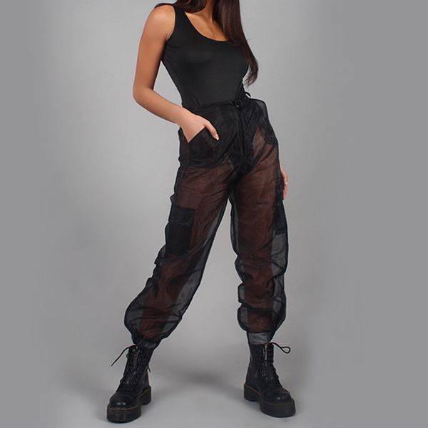 

see through mesh pants women high waist solid loose cargo trousers club party fashion sport pants jogging baggy sweatpants, Black