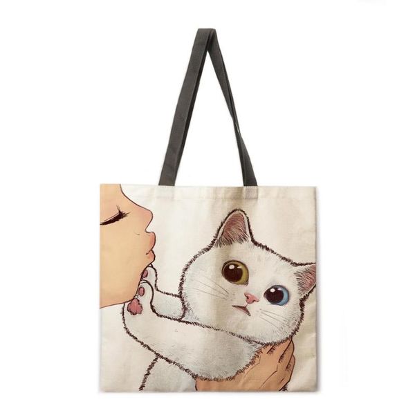 

backpack kissing cat casual tote bag linen reusable shopping outdoor beach