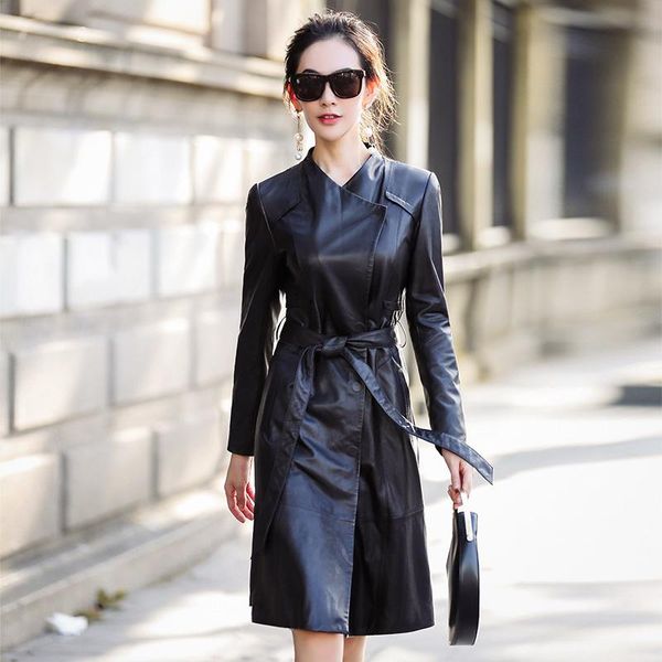 

women's leather & faux 2021 genuine jacket women long blazer jackets spring autumn sheepskin coat windbreaker ot1727 yy626, Black