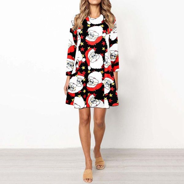 

casual dresses christmas dress long sleeve o neck elegant vestidos women 2021 vintage printed xmas year plus size robe #g3, Black;gray